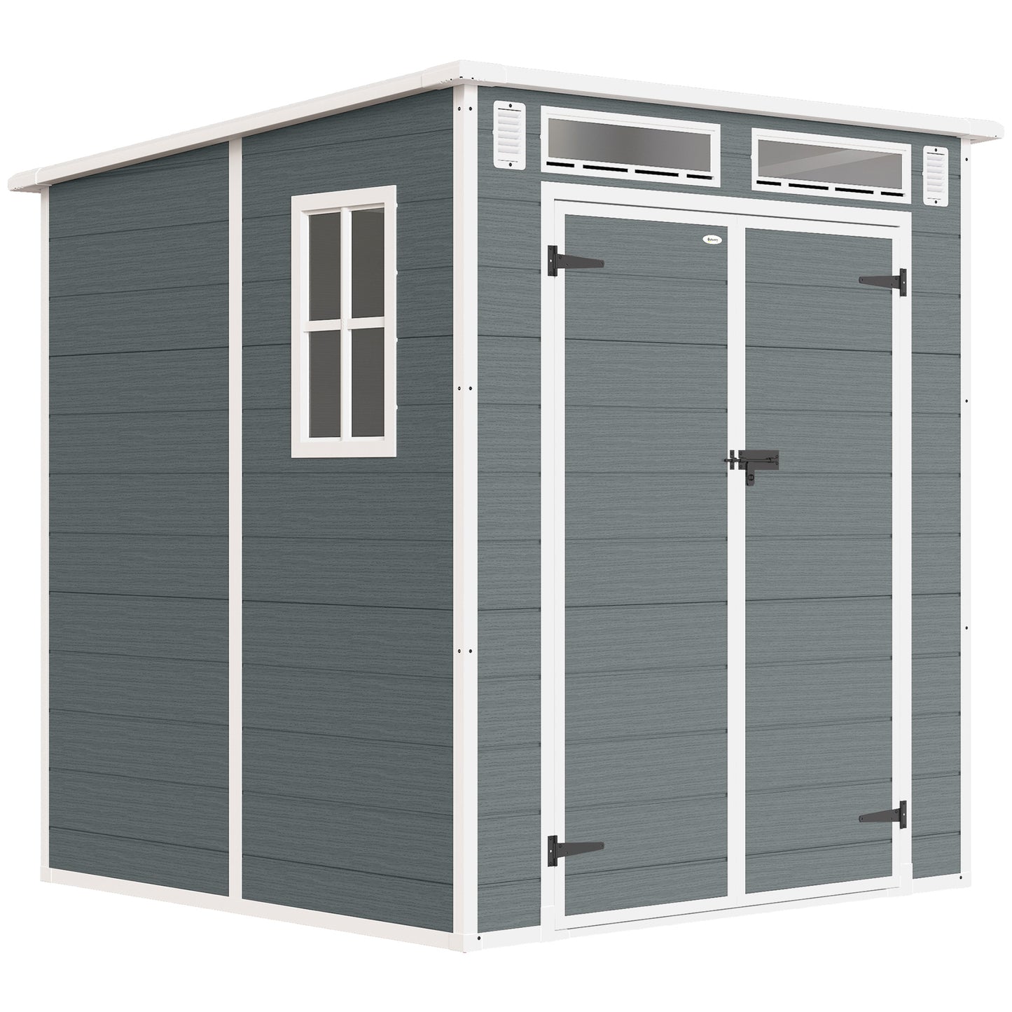 Photo of Outsunny 6 x 6 ft Plastic Garden Shed, Wood-Effect Outdoor Storage Shed with Floor, Windows, Lockable Doors and Vents, Grey in Grey colour on a white background