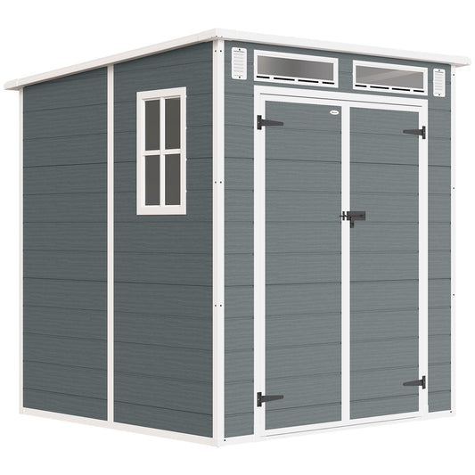 Photo of Outsunny 6 x 6 ft Plastic Garden Shed, Wood-Effect Outdoor Storage Shed with Floor, Windows, Lockable Doors and Vents, Grey in Grey colour on a white background
