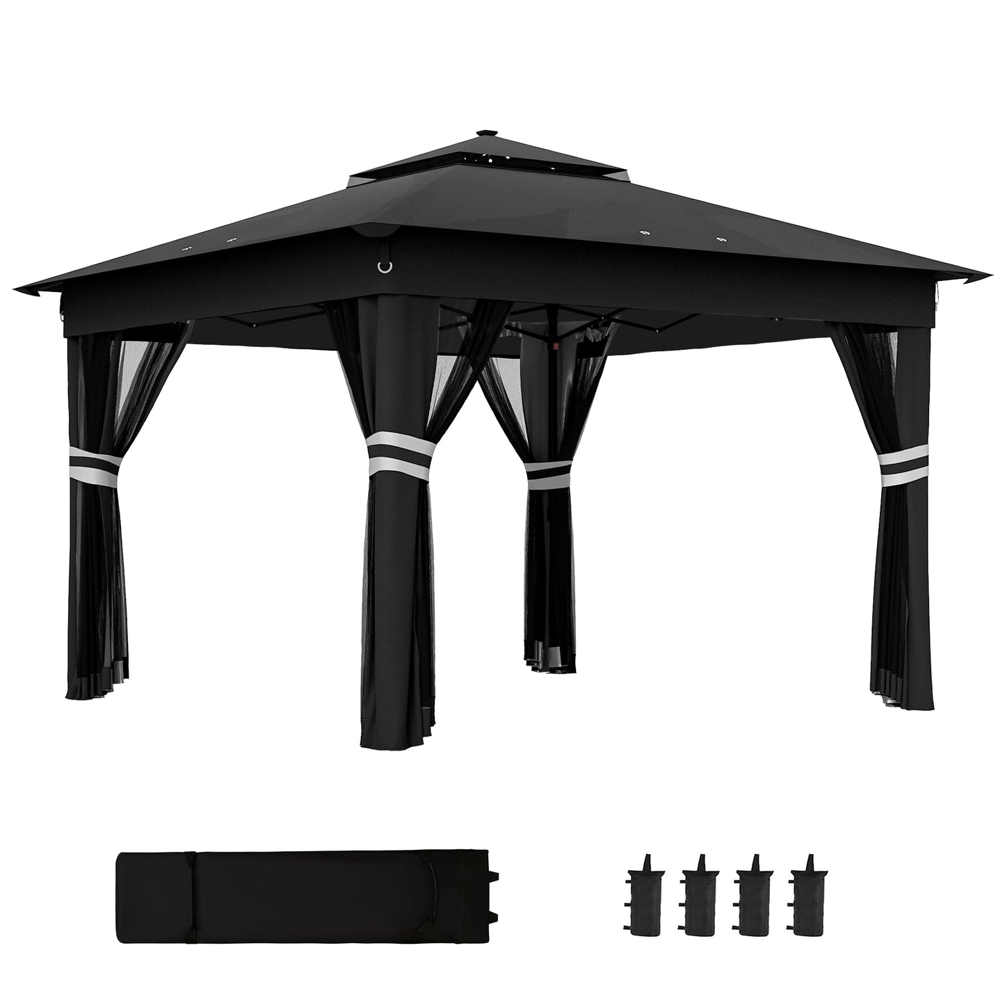 Photo of Outsunny 3.36 x 3.36m Pop Up Gazebo Party Tent with Solar-Powered LED Lights, Adjustable Event Shelter with Netting, Black in Black colour on a white background
