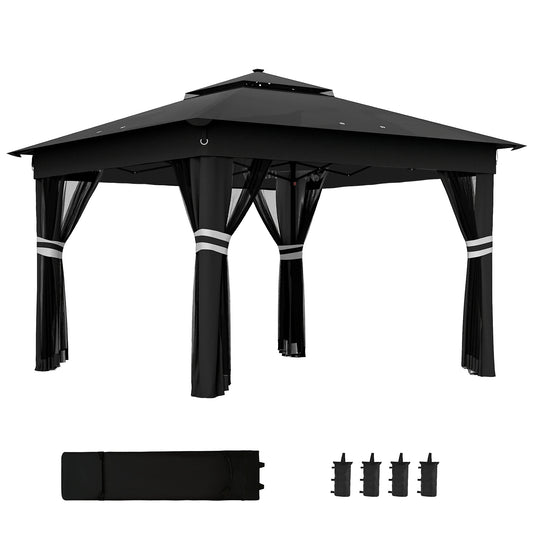 Photo of Outsunny 3.36 x 3.36m Pop Up Gazebo Party Tent with Solar-Powered LED Lights, Adjustable Event Shelter with Netting, Black in Black colour on a white background