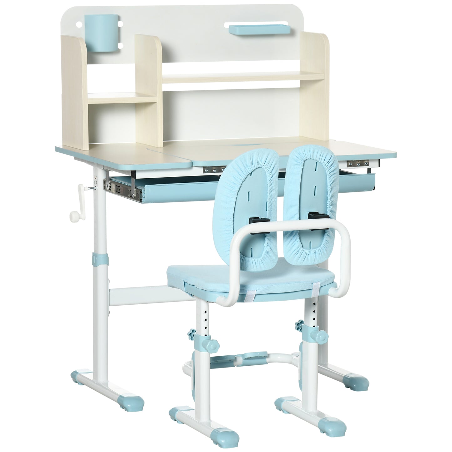 Photo of HOMCOM Kids Desk and Chair Set, with Storage Shelves, Washable Cover, for Ages 3-12 Years - Blue in Blue colour on a white background