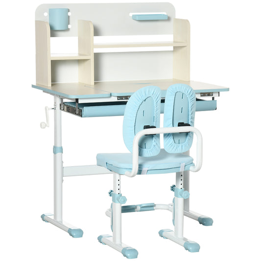 Photo of HOMCOM Kids Desk and Chair Set, with Storage Shelves, Washable Cover, for Ages 3-12 Years - Blue in Blue colour on a white background