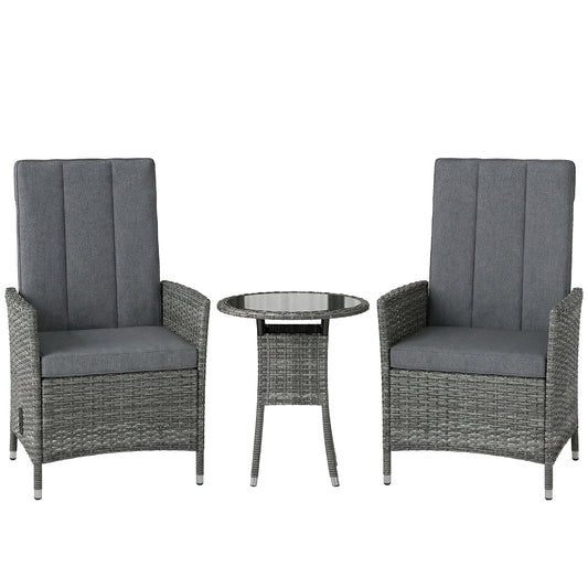 Photo of Outsunny Rattan Bistro Set, Reclining Garden Chairs and Glass Coffee Table with Cushions for Patio Balcony Porch, Grey in Grey colour on a white background