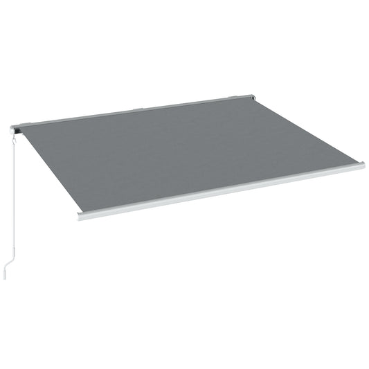 Grey retractable patio awning shown extended with a manual crank handle