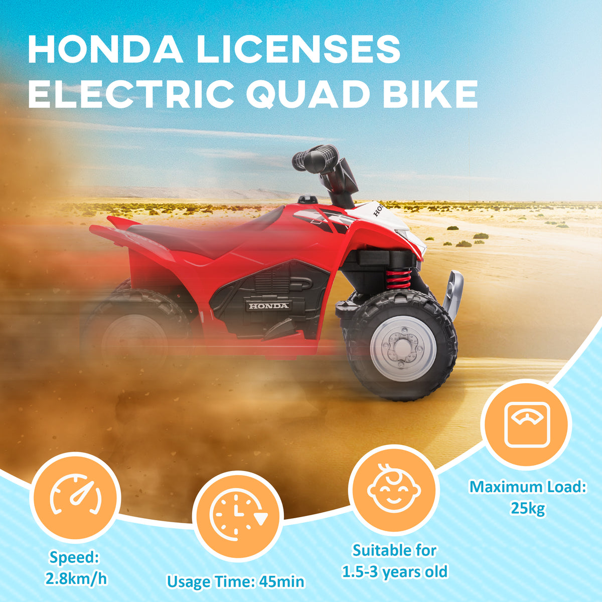 Red Honda kids' electric quad bike, rated for ages 1.5 to 3 and a 25 kg load