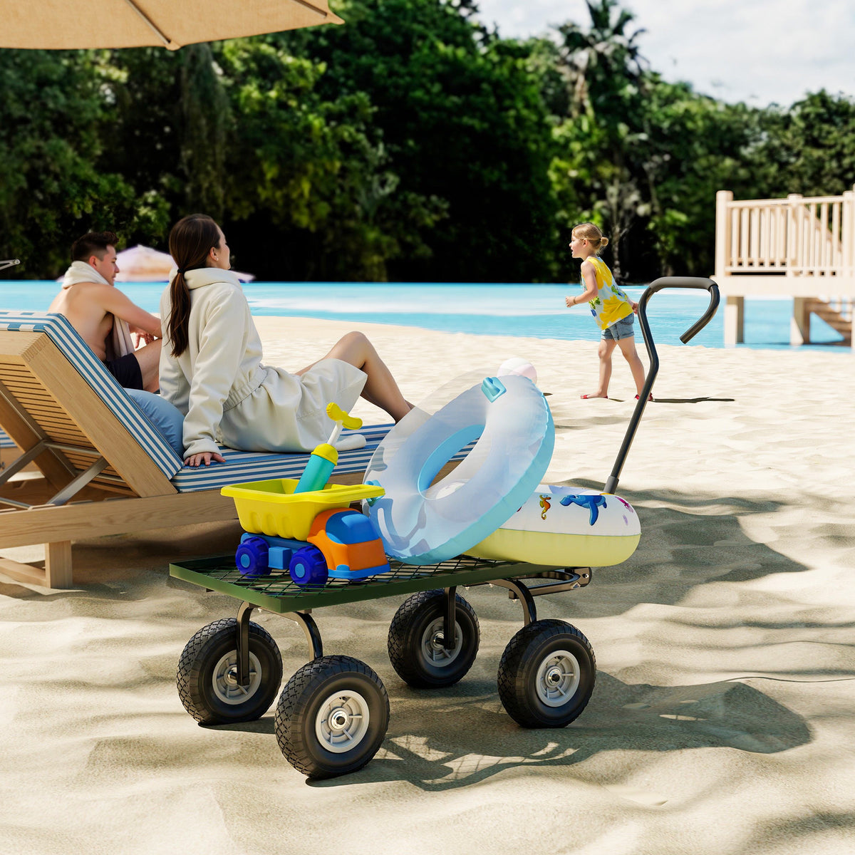 Green mesh garden trolley carrying beach gear, with four pneumatic wheels and a long handle