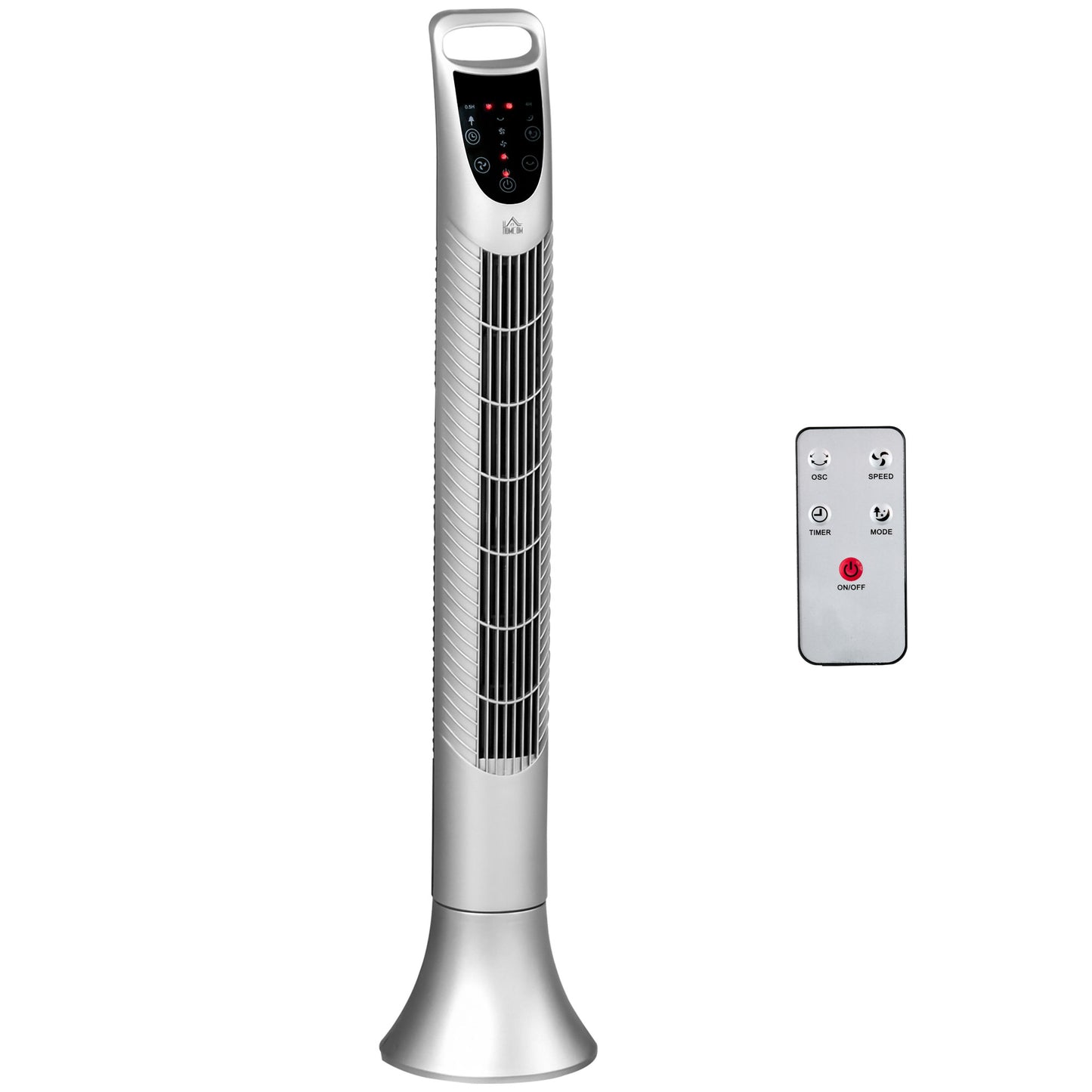 Photo of HOMCOM 36'' Freestanding Tower Fan, 3 Speed 3 Mode, 7.5h Timer, 70 Degree Oscillation, LED Panel, 5M Remote Controller, Silver in Silver colour on a white background