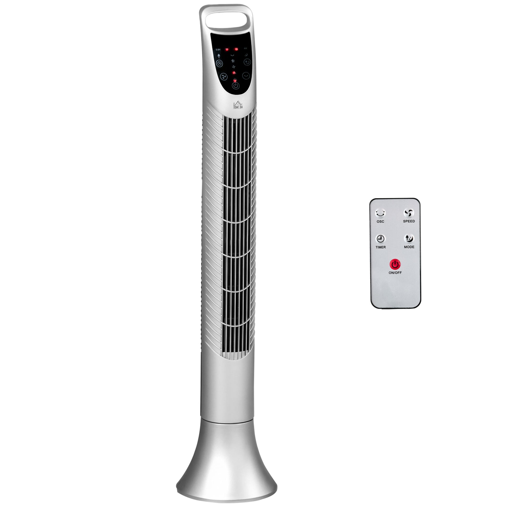 Photo of HOMCOM 36'' Freestanding Tower Fan, 3 Speed 3 Mode, 7.5h Timer, 70 Degree Oscillation, LED Panel, 5M Remote Controller, Silver in Silver colour on a white background
