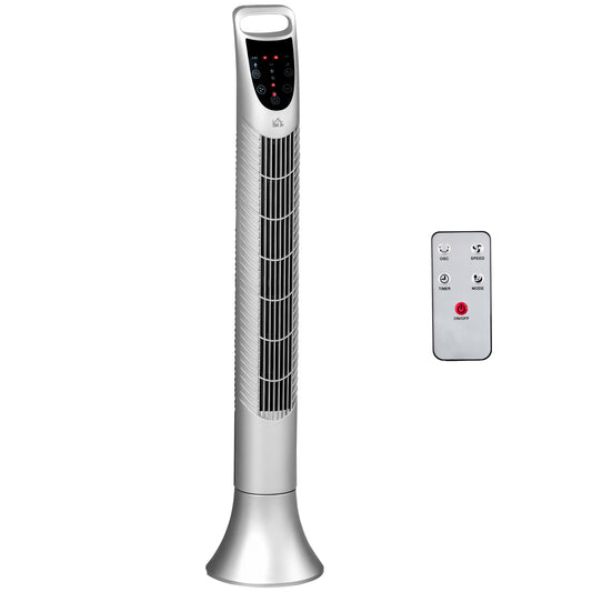 Photo of HOMCOM 36'' Freestanding Tower Fan, 3 Speed 3 Mode, 7.5h Timer, 70 Degree Oscillation, LED Panel, 5M Remote Controller, Silver in Silver colour on a white background