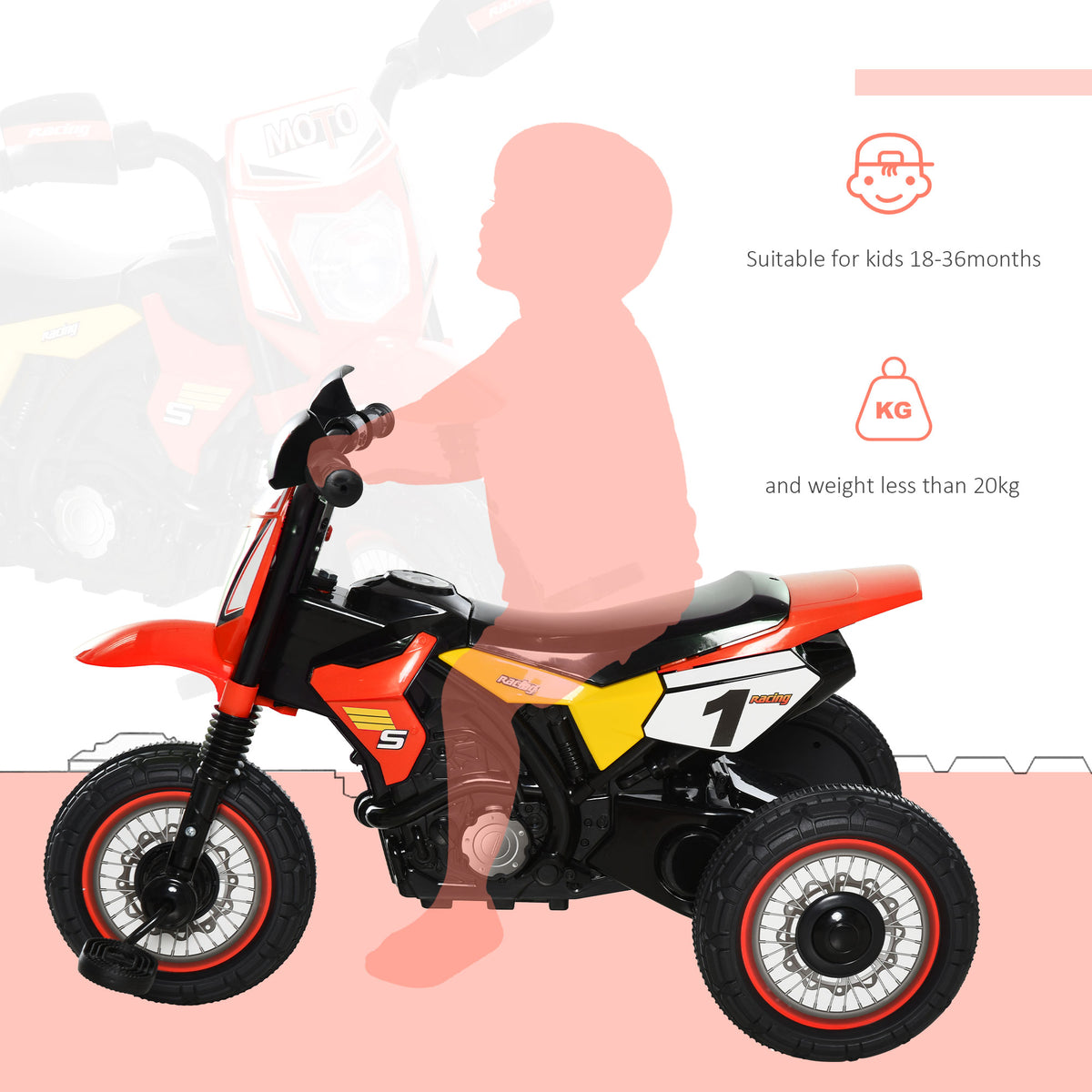 Red motorcycle-style toddler tricycle with three wheels, shown beside a child silhouette for scale