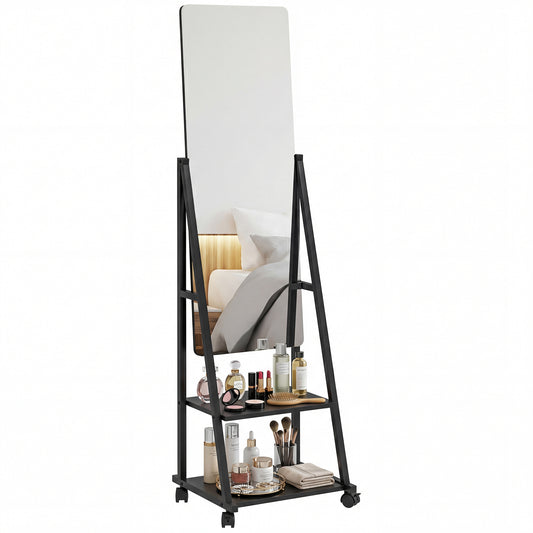 HOMCOM full-length mirror on a dark wheeled frame with two storage shelves