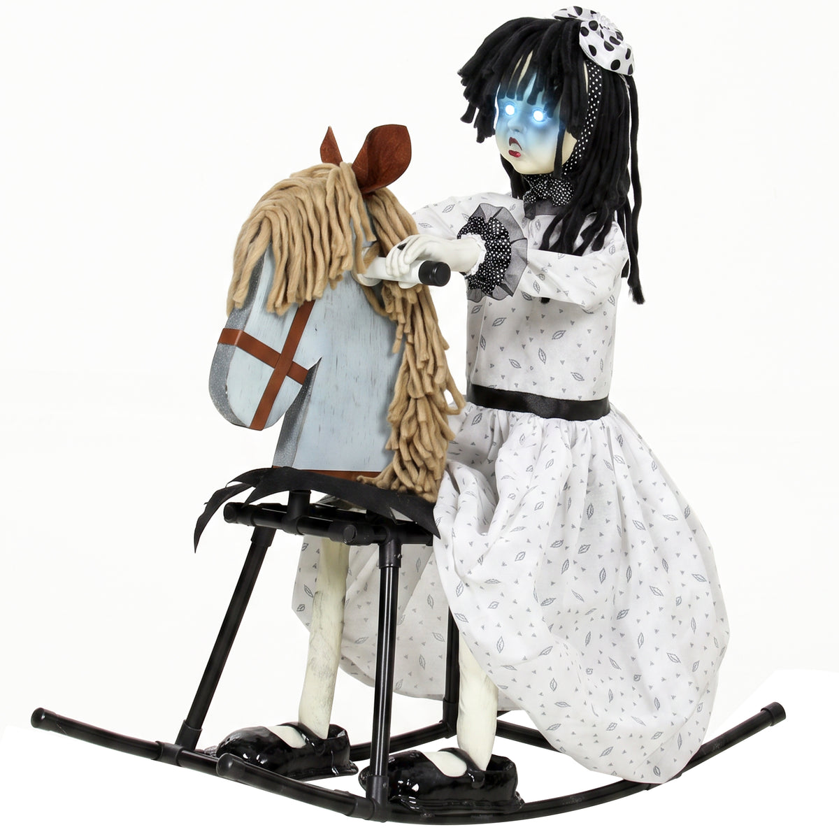 Photo of HOMCOM Animated Halloween Girl Riding Horse, Halloween Animatronics with Creepy Rhymes, Glowing Eyes, Sound/Touch Activated in Activated colour on a white background