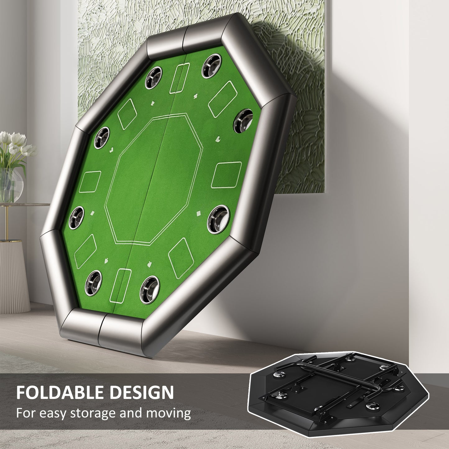 SPORTNOW 8 Player Folding Poker Table, Portable Octagon Blackjack Table with Cup Holders, Padded Edge, Green