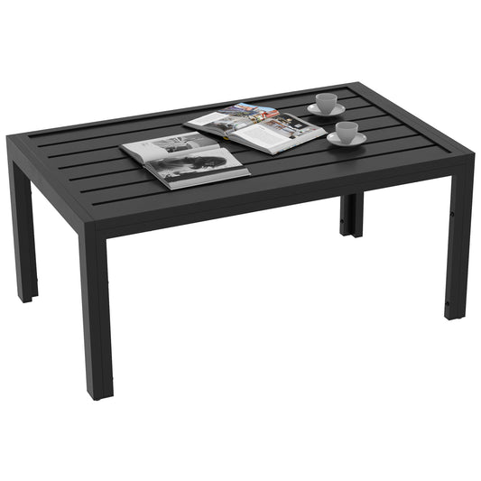 Photo of Outsunny Outdoor Side Table, Rectangular Patio Coffee Side Table with Steel Frame and Slat Tabletop for Garden, Balcony, Black in Black colour on a white background