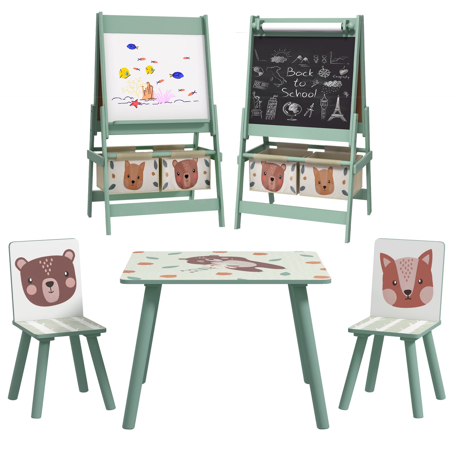 Photo of ZONEKIZ Kids Table and Chair Set and Kids Easel with Paper Roll, Storage Baskets, Kids Activity Furniture Set, Green in Green colour on a white background