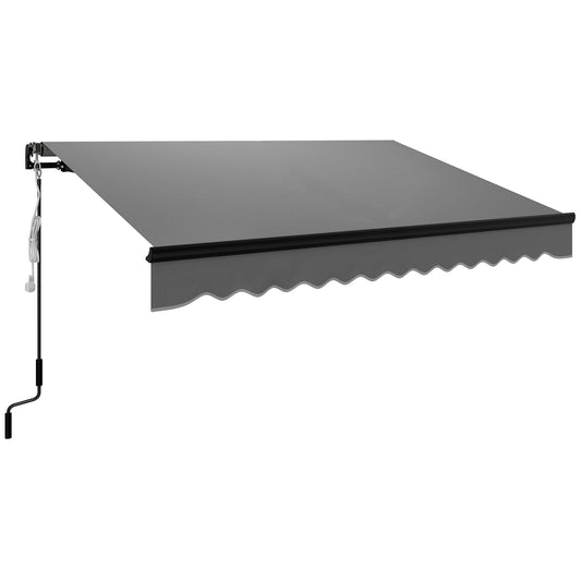 Dark grey retractable awning with scalloped valance and manual crank handle