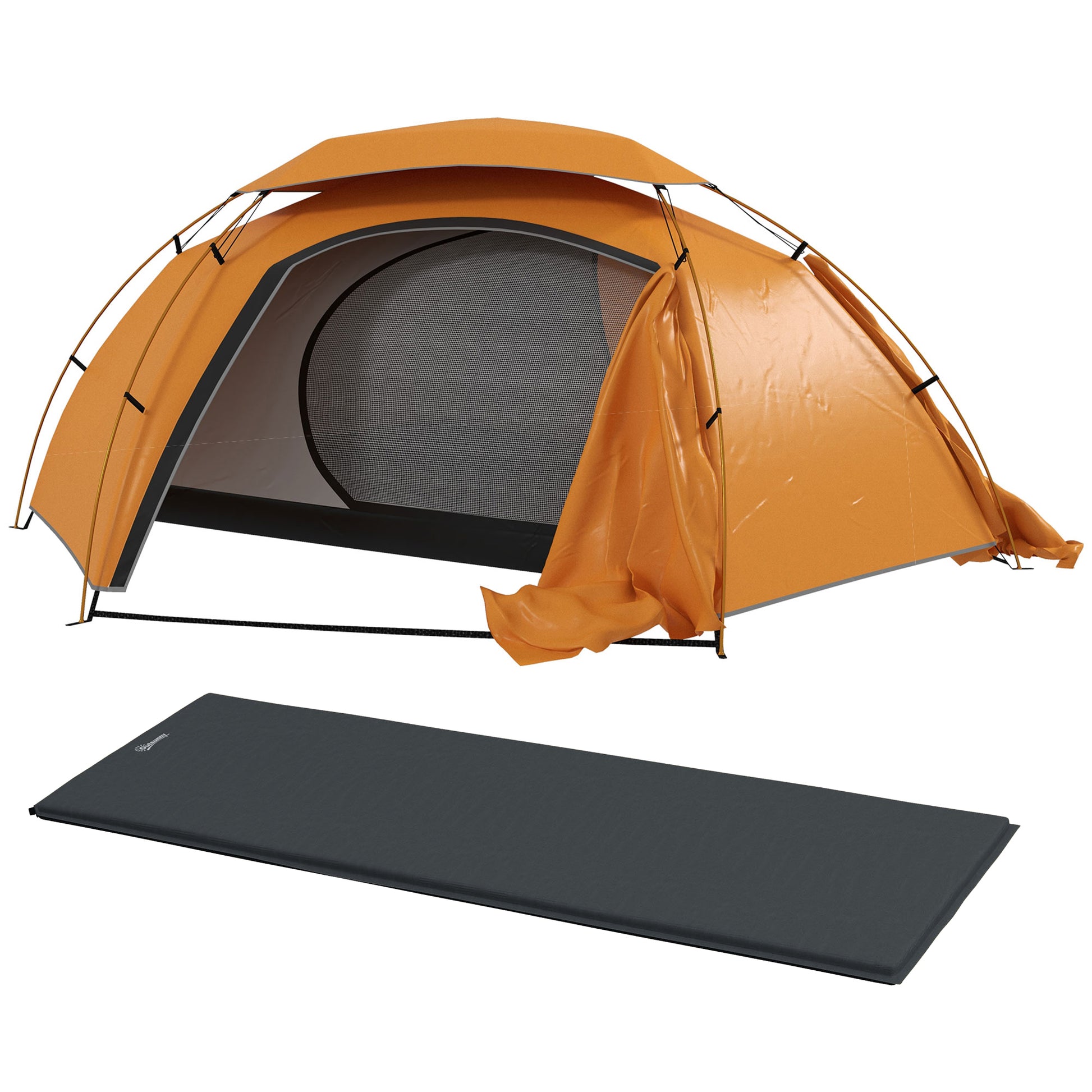 Photo of Outsunny Camping Tent with Self Inflatable Mattress, 1 Person Dome Tent with Removable Rainfly and Aluminium Frame, 2000mm Waterproof, Portable with Bags, for Fishing Hiking, Orange/Grey in Orange/Grey colour on a white background