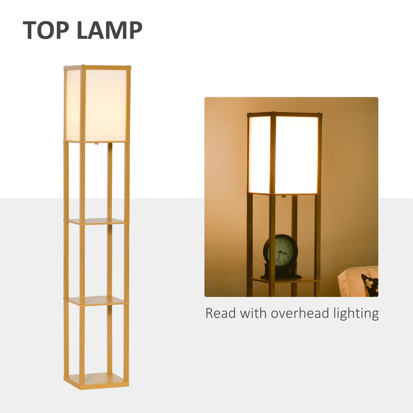 HOMCOM 3-Tier Floor Lamp with Shelves and Storage, Modern Corner Standing Lamp with Lampshade, Reading Light with Foot Switch for Living Room, Bedroom, Home Office, Bulb not Included, Natural