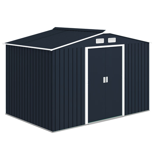 Photo of Outsunny 9 x 6ft Metal Bicycle Shed, Outdoor Storage Tool House with Ventilation Slots, Foundation Kit and Lockable Double Doors, Dark Grey in Grey colour on a white background