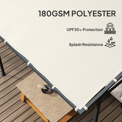 Pergola's cream polyester canopy with UPF 30+ protection and splash resistance