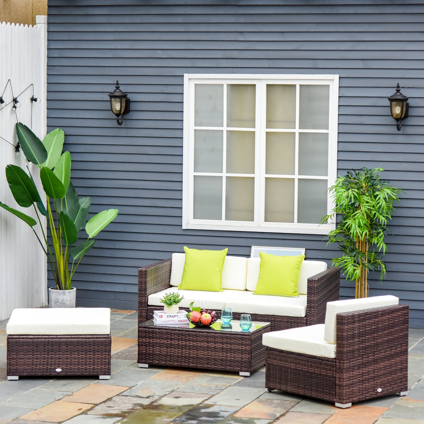Outsunny Rattan Corner Sofa Set 4-Seater Outdoor Garden Sofa for Patio - Brown