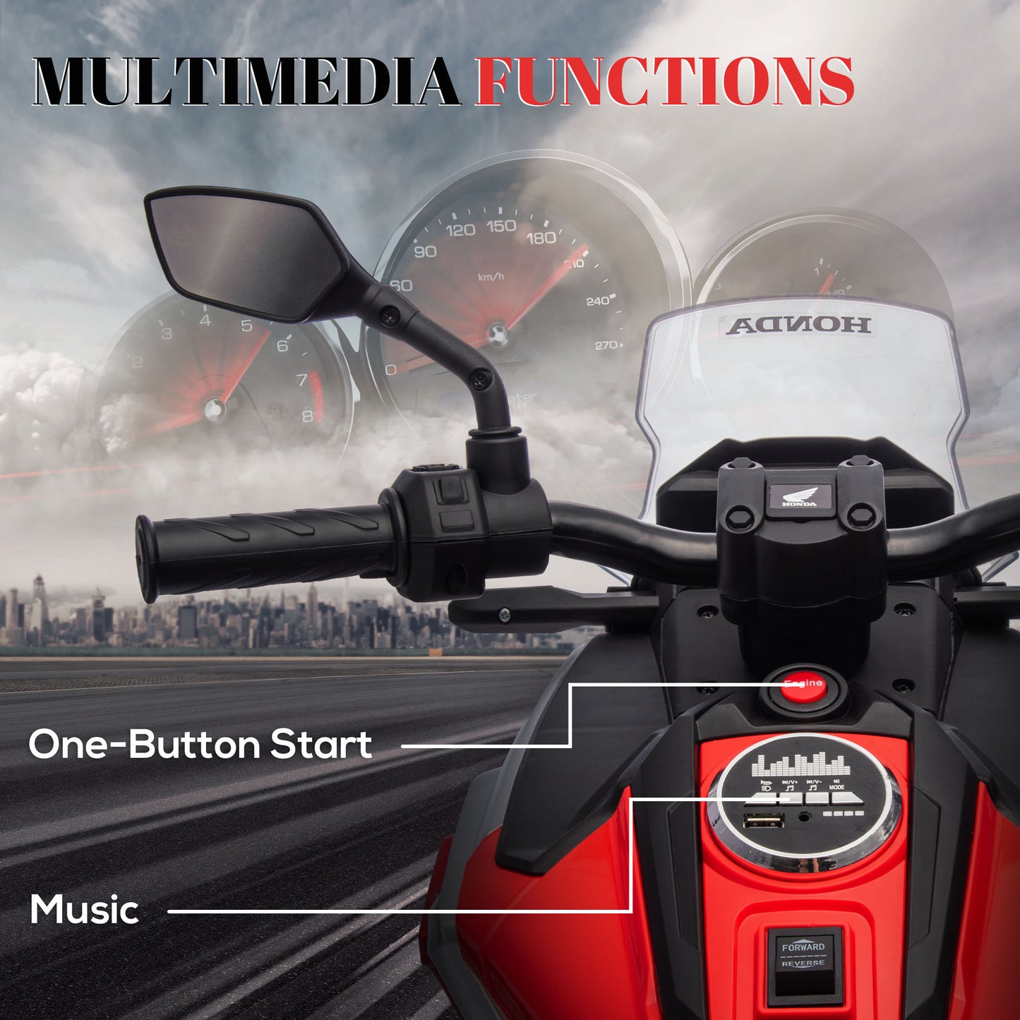 AIYAPLAY 12V Honda Licensed Kids Electric Motorbike w/ Music, Safety lights, Early Education Function, for Ages 3-6 Years, Red