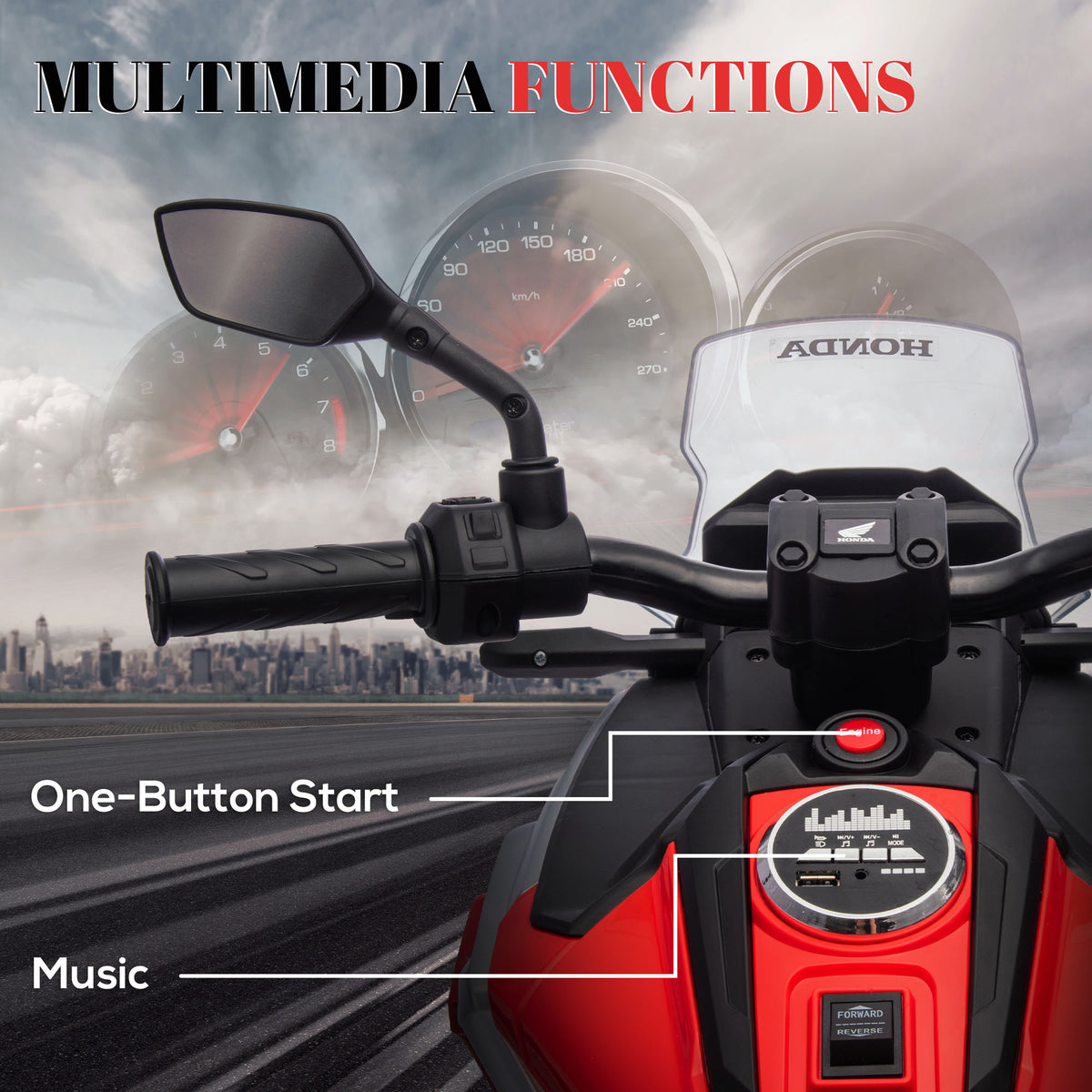 AIYAPLAY 12V Honda Licensed Kids Electric Motorbike w/ Music, Safety lights, Early Education Function, for Ages 3-6 Years, Red