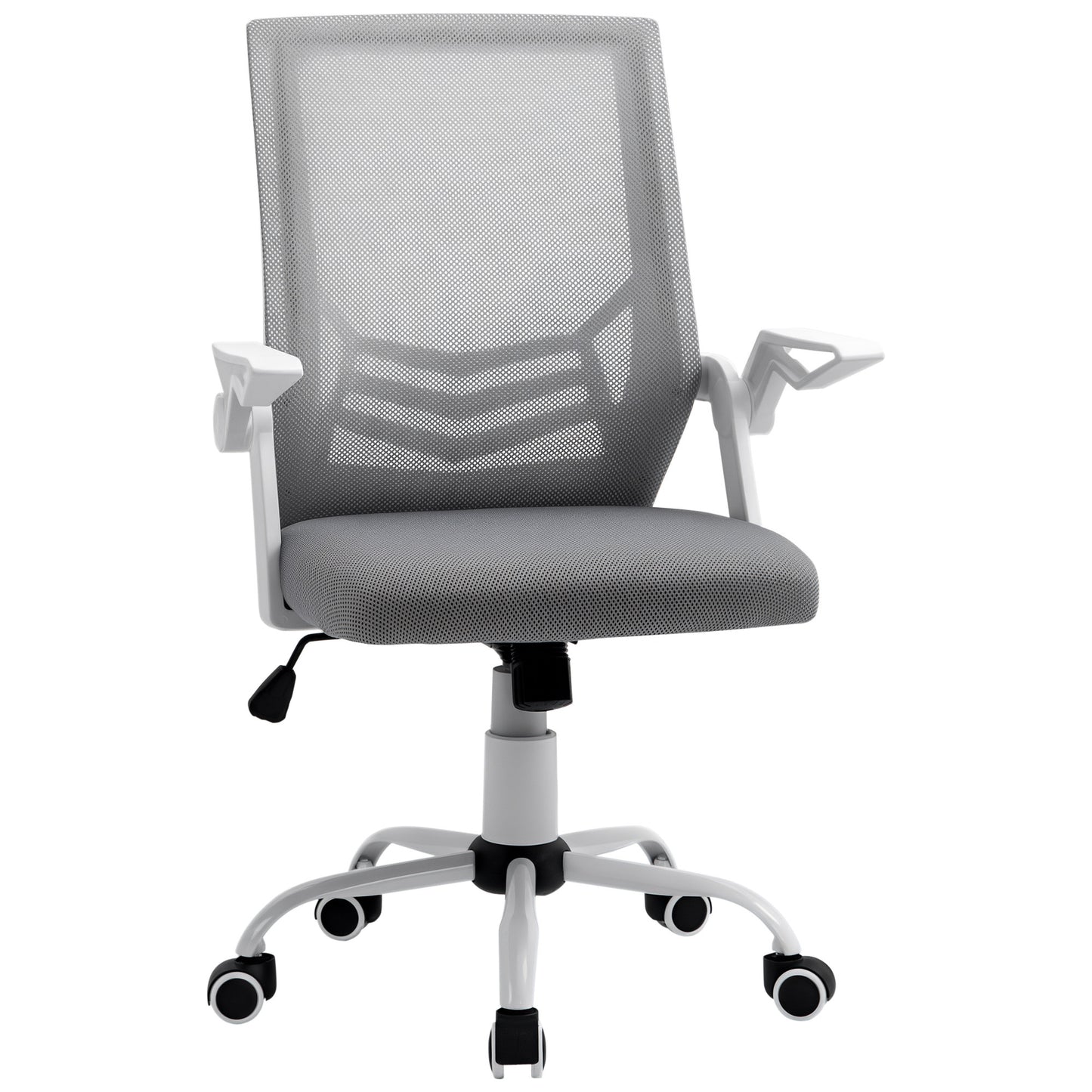 Photo of Vinsetto Office Chair with Flip-up Armrest, Mid Back Desk Chair with Mesh Back, Lumbar Support, Adjustable Height, Swivel Wheels for Home, Grey in Grey colour on a white background