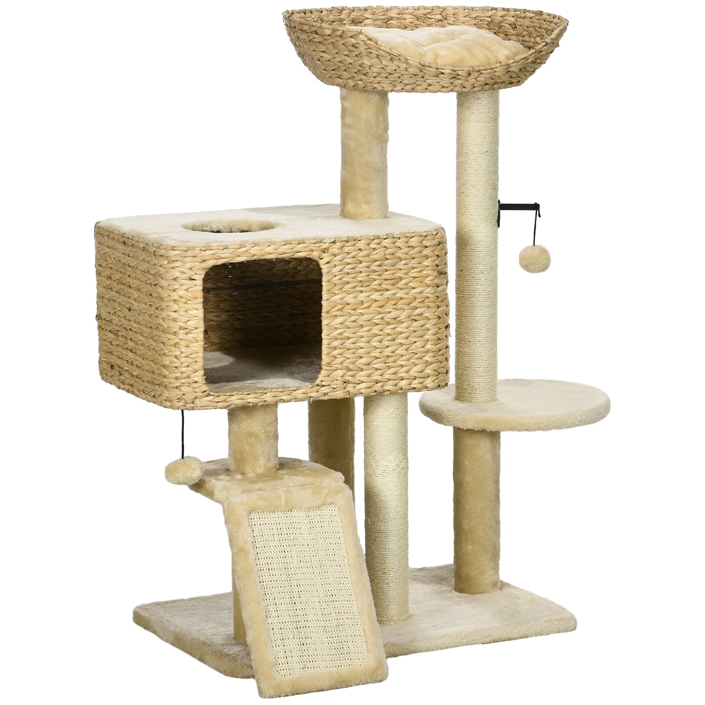 Photo of PawHut 95cm Cat Tree Tower for Indoor Cats, with Scratching Post, Cat House, Toy Ball, Platform - Beige in Beige colour on a white background