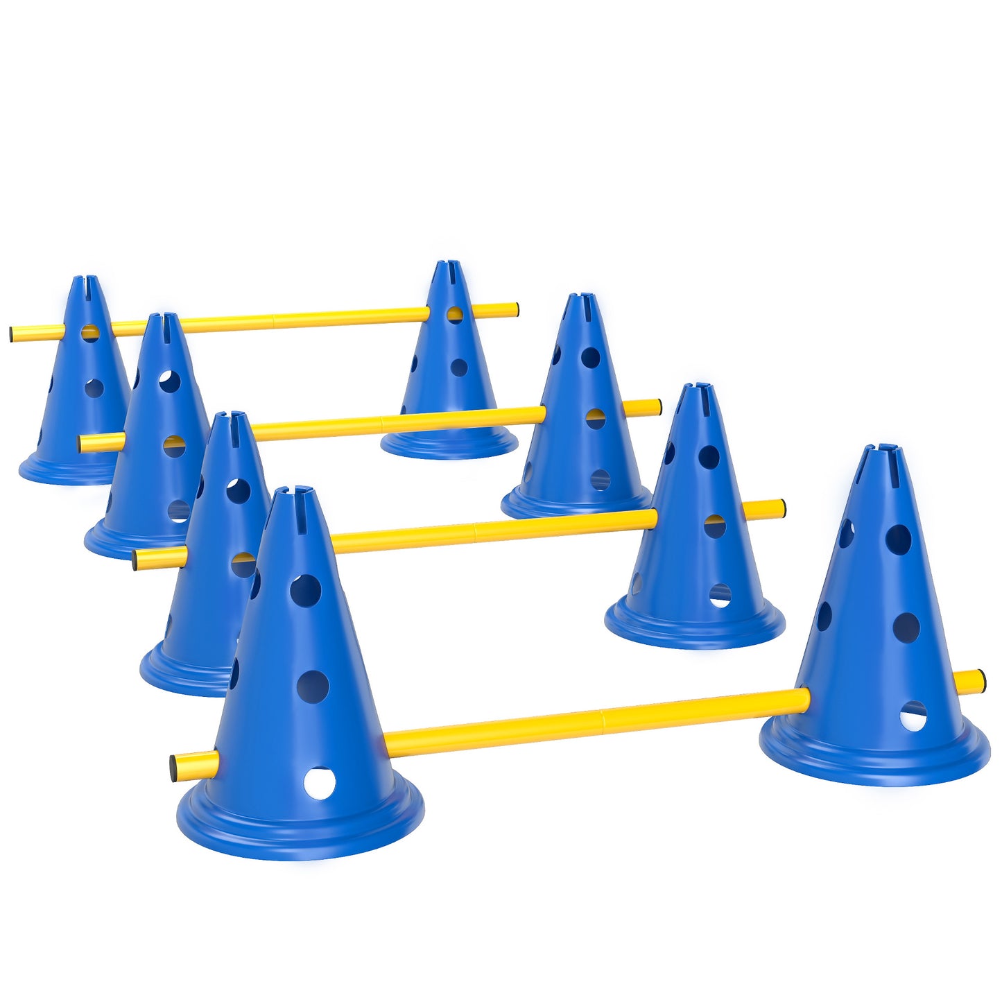Photo of PawHut Dog Agility Equipment Set of Eight Cones, Eight Poles w/ Carry Bag, Four-Piece Adjustable Height Jumping Obstacles Blue in Blue colour on a white background