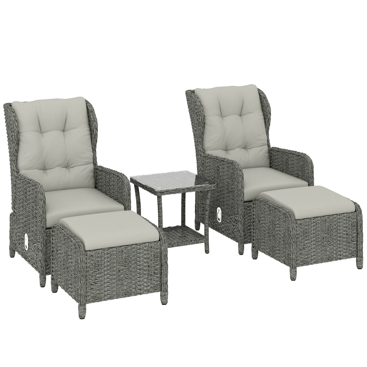 Photo of Outsunny 5 Piece Garden Furniture Set, Rattan Reclining Garden Chair Set of 2 with Footstool and Cushion for Balcony, Cream in Cream colour on a white background