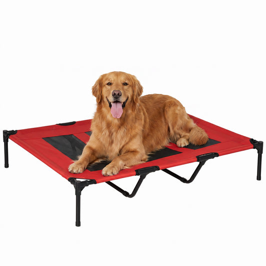 Photo of PawHut Raised Dog Bed Cooling Metal Elevated Pet Cot with Breathable Mesh, Non-slip, Lightweight & Portable, for Indoor Camping Beach Travel Outdoor Use, Red, XX Large, 122 x 92 x 23cm in 23cm colour on a white background