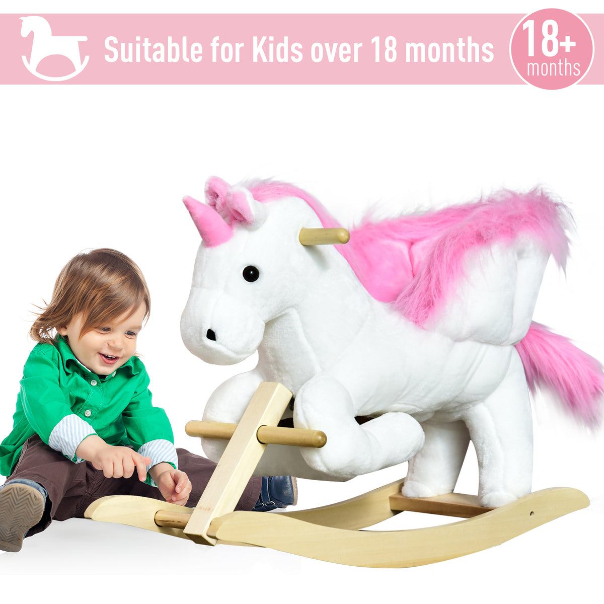 HOMCOM Kids Rocking Horse Toy, Plush Unicorn Rocker Seat with Wood Base and Music, for 1.5-3 Years