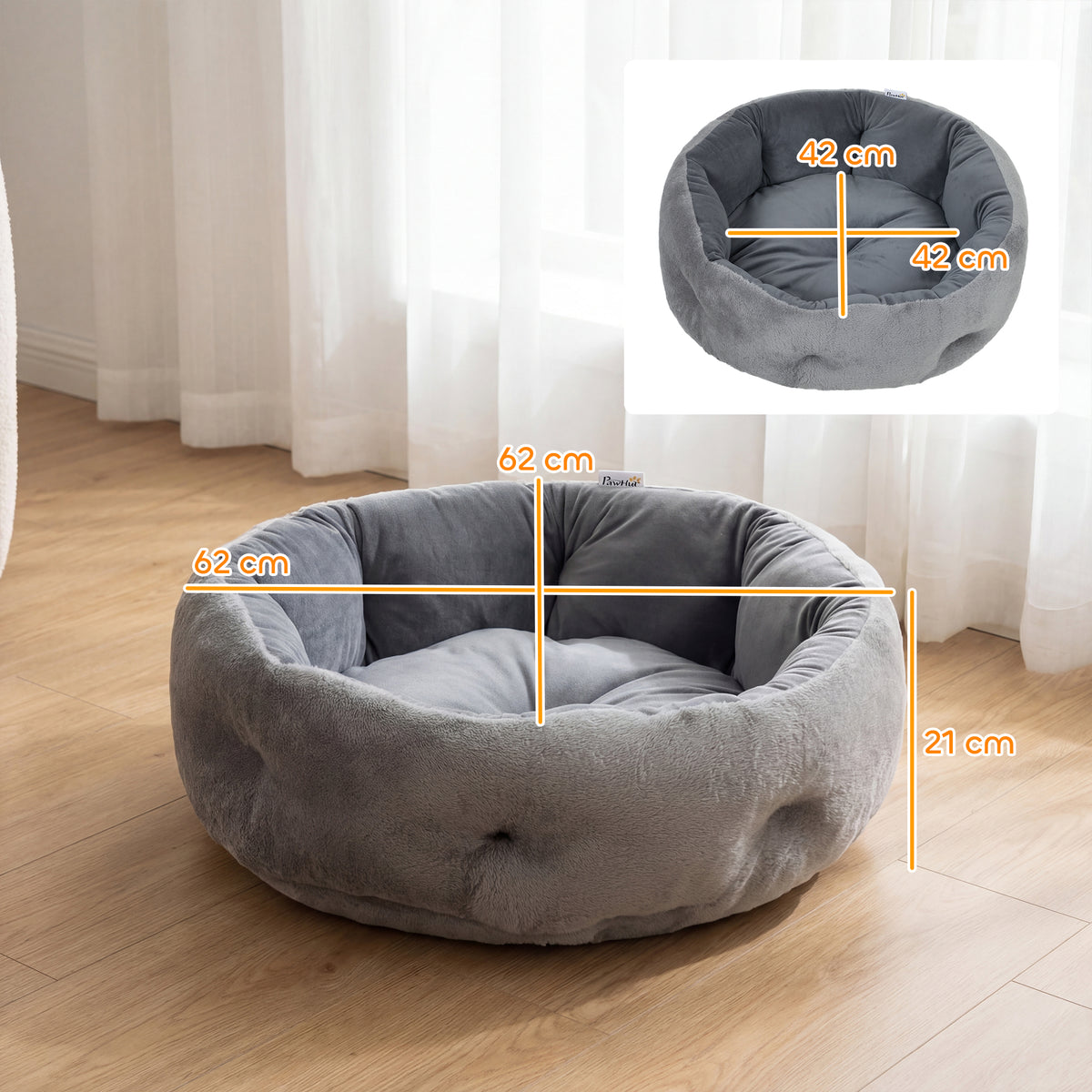 PawHut Cat Bed, Reversible Dog Pet Bed for Indoor Cats and Small Dogs, Round Bed with Supportive Bolster, Dark Grey