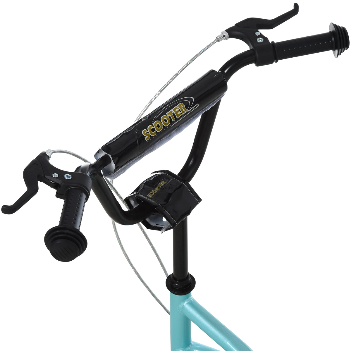 Kids' scooter close-up of black handlebars, textured grips, brake levers and cables