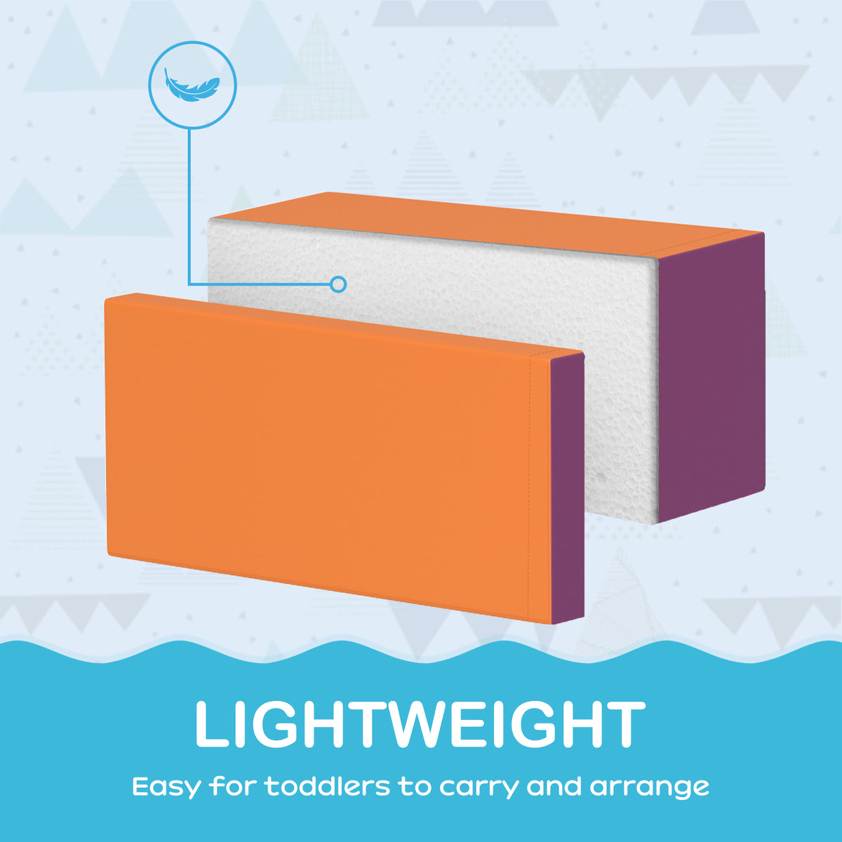 Lightweight rectangular foam play blocks with orange covers and purple sides