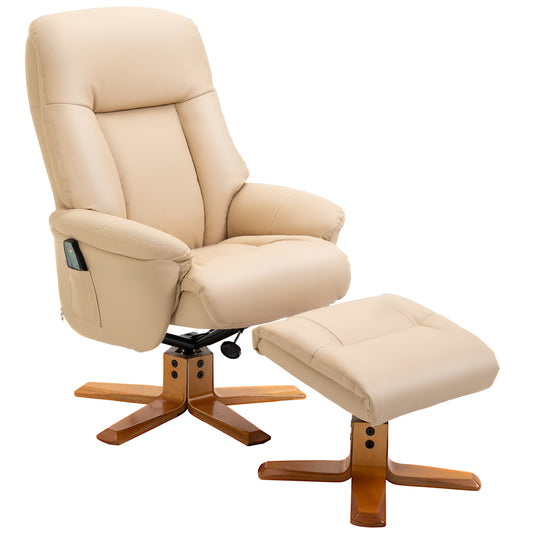 Beige HOMCOM massage recliner with padded footrest, swivel bases and PU leather upholstery