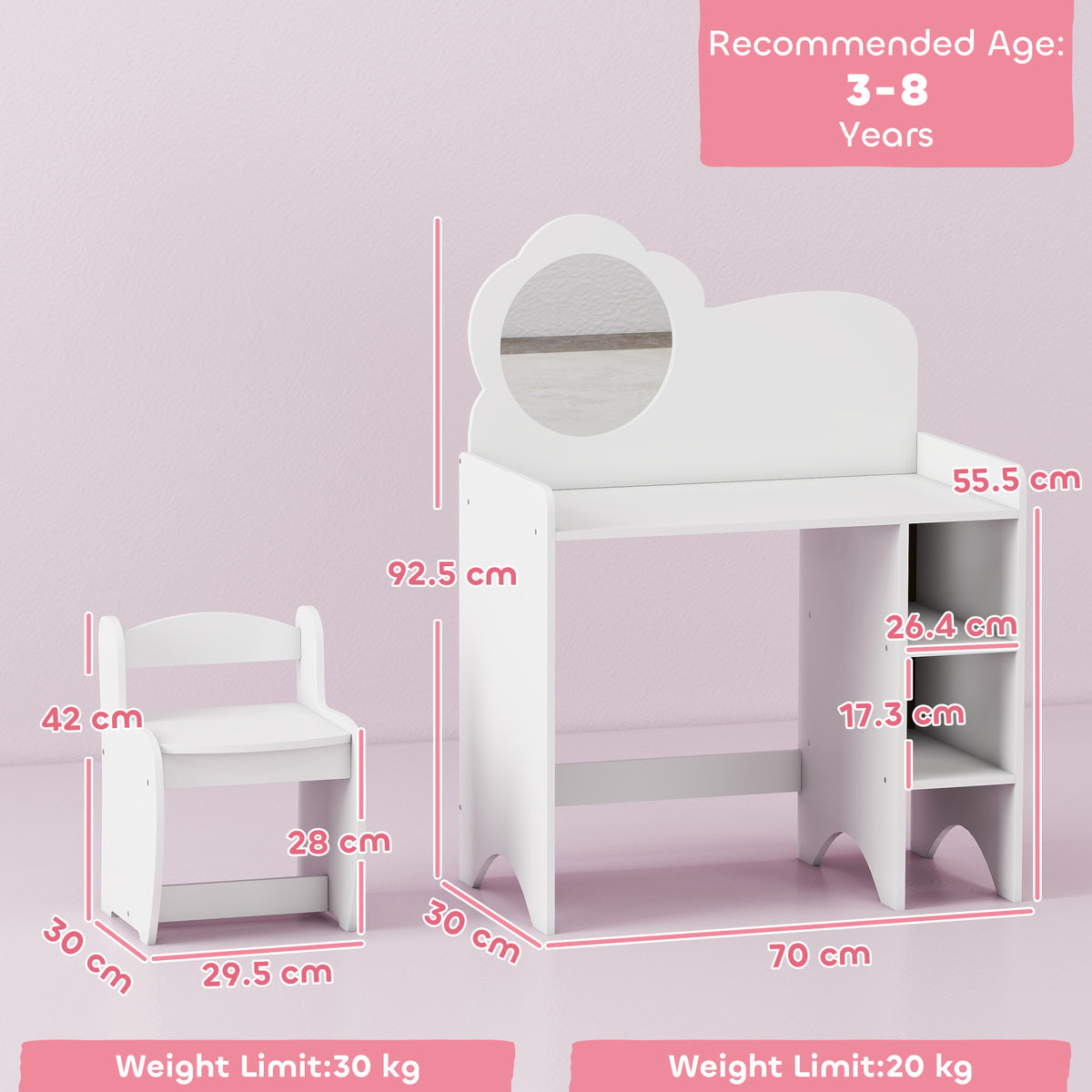 AIYAPLAY Kids Dressing Table with Mirror, Stool, Kids Vanity Table with Shelves, for Ages 3-8 Years, White