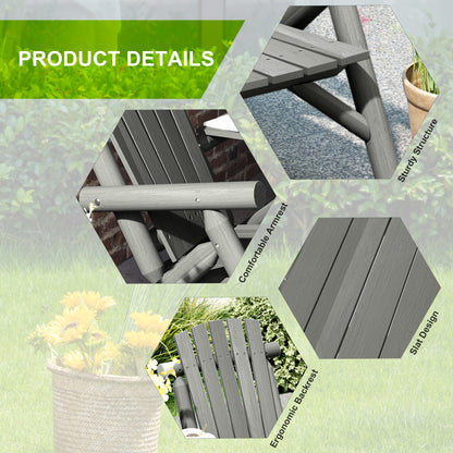 Grey wooden bench details, including slatted seats, sturdy frame and ergonomic backrests