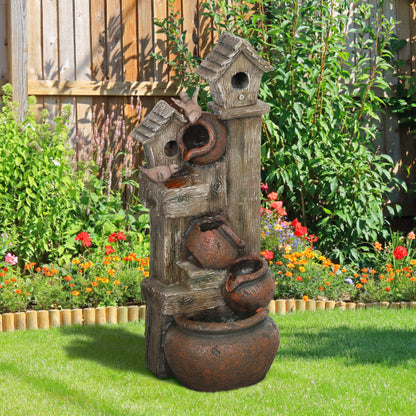 Outsunny multi-colour resin fountain with birdhouses and cascading pots