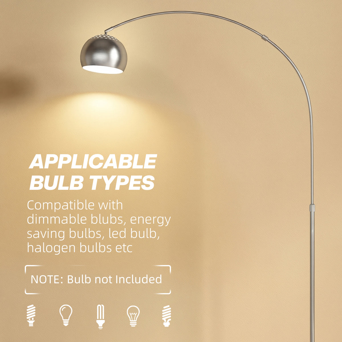 HOMCOM Arc Floor Lamp for Living Room, Modern Adjustable Standing Lamp with Faux Black Marble Base Silver Tone