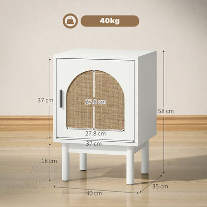 White bedside table with arched rattan door, 40 kg capacity, and size dimensions