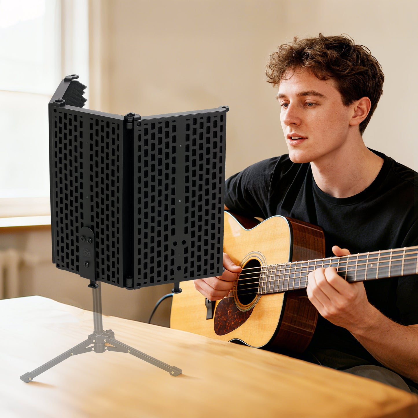 HOMCOM Studio Microphone Isolation Shield, Foldable Adjustable Recording Studio Equipment, 3-Panel High Density Absorbent Foam Shield with 3/8" Threaded Mount, Black