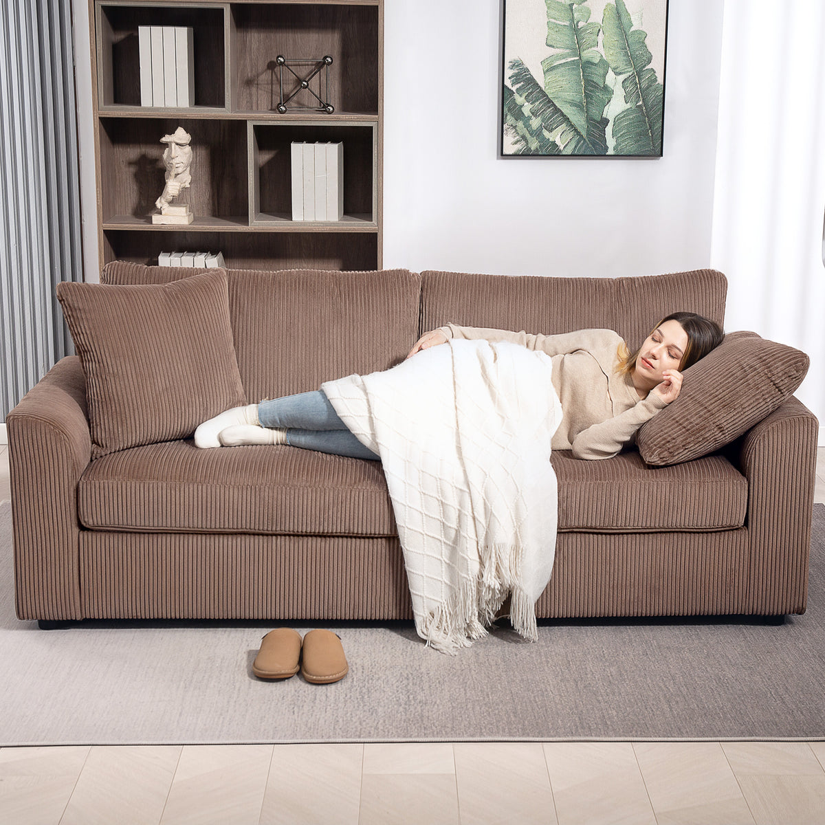 HOMCOM 3 Seater Sofa, 212cm Corduroy Couch with Spring Cushion, Wide and Deep Seat, Plush Backrest, 2 Pillows, Sofa Settee for Living Room, Home Office, Coffee