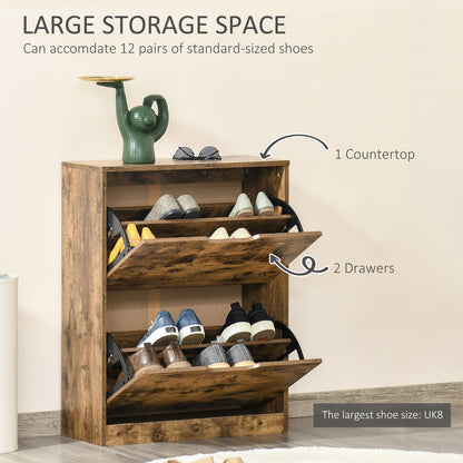 Rustic brown shoe cabinet holds up to 12 pairs, with two flip drawers and a top surface.