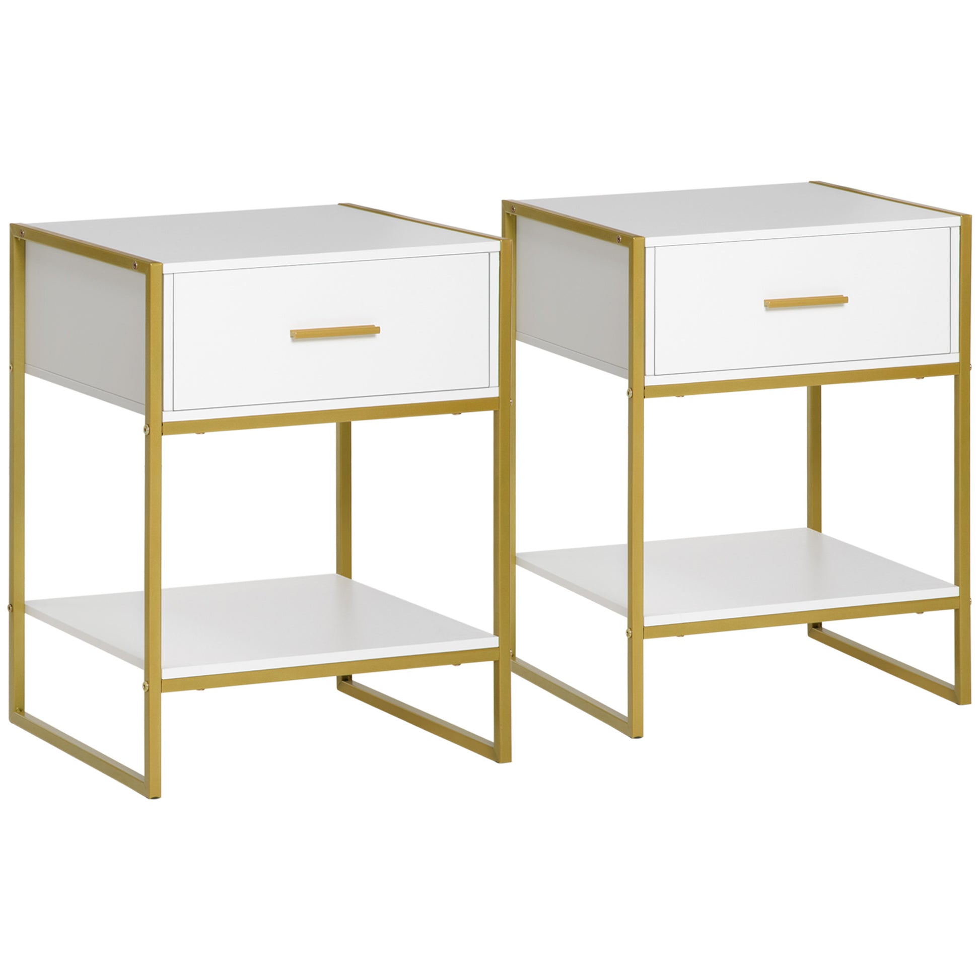 Photo of HOMCOM Modern Bedside Table, Nightstand with Drawer Shelf, Side Table for Living room, Bedroom White and Gold, Set of 2 in 2 colour on a white background