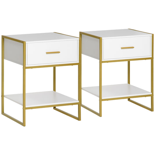 Photo of HOMCOM Modern Bedside Table, Nightstand with Drawer Shelf, Side Table for Living room, Bedroom White and Gold, Set of 2 in 2 colour on a white background