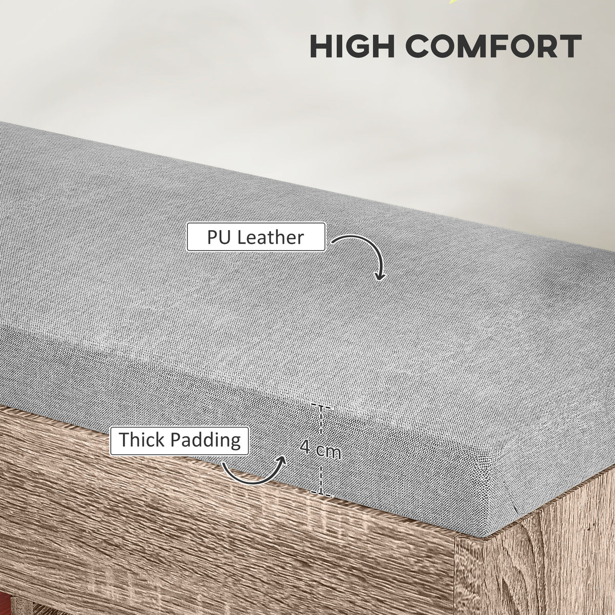 Gray PU leather padded bench seat with 4 cm thick cushioning and wood-grain frame