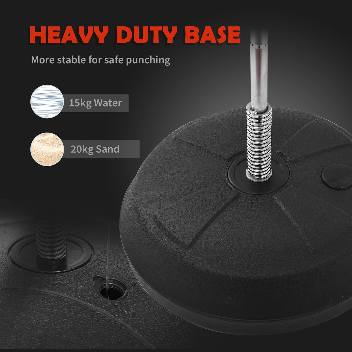 HOMCOM punching bag set with close-up of its spring-loaded shaft and fillable base