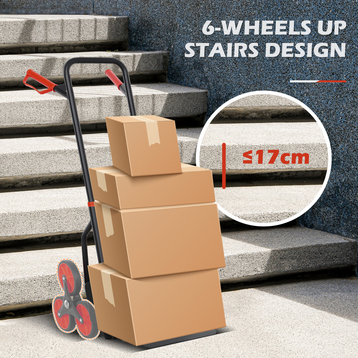 DURHAND stair-climbing hand truck carrying stacked boxes, with six-wheel design